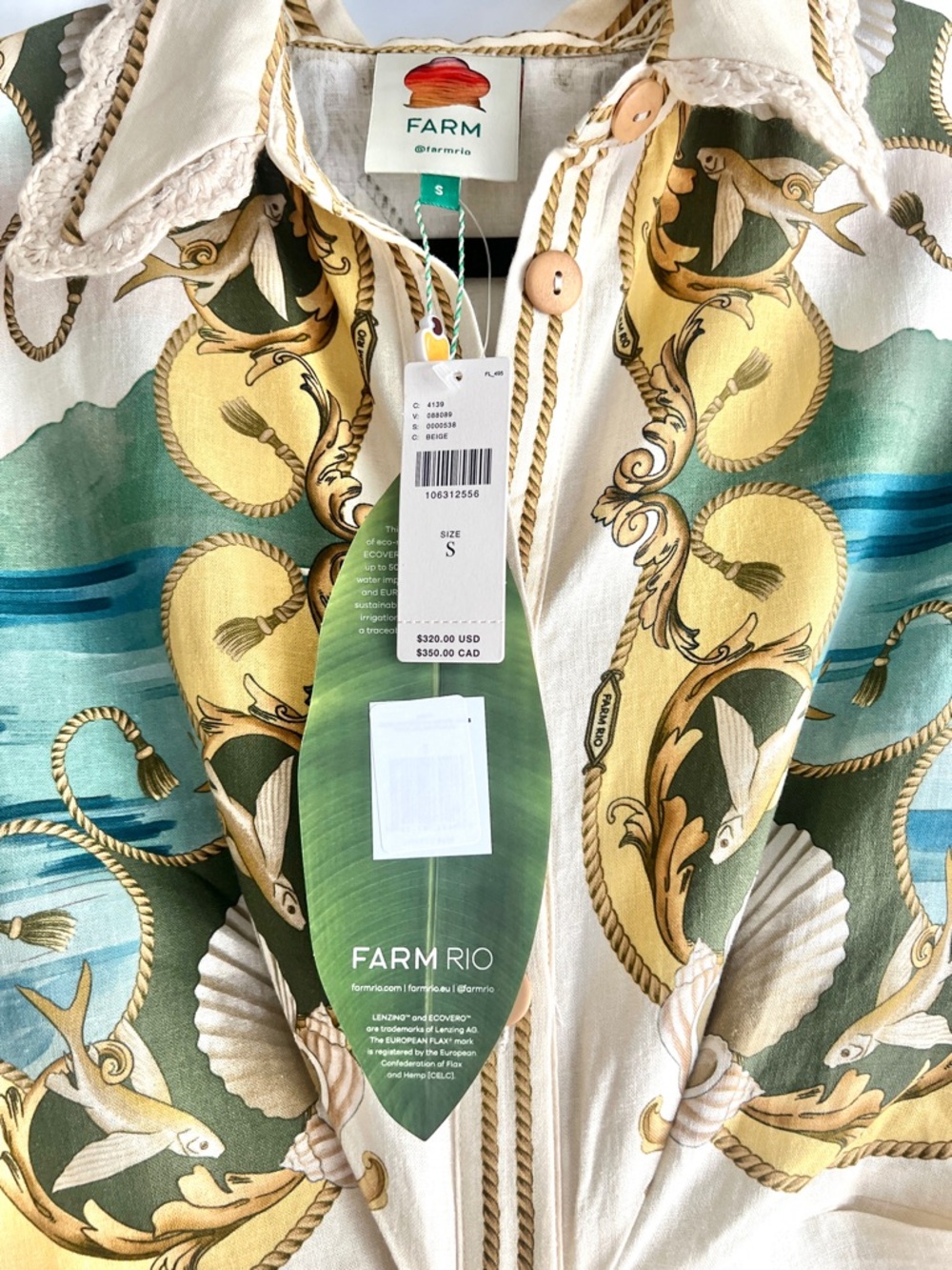 FARM Rio Off-White Royal Sea Collared Midi Dress Linen-Blend Size Small NWT - Picture 8 of 16